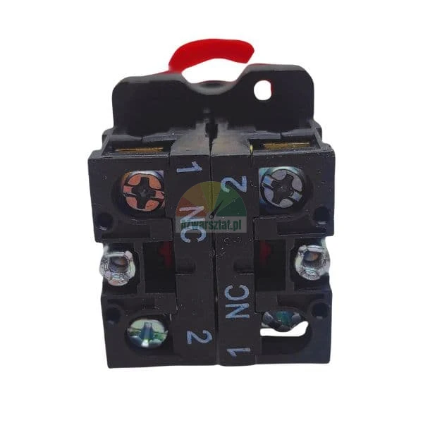 Normally closed contact block with screw terminals and 1 NC 2 identification.
