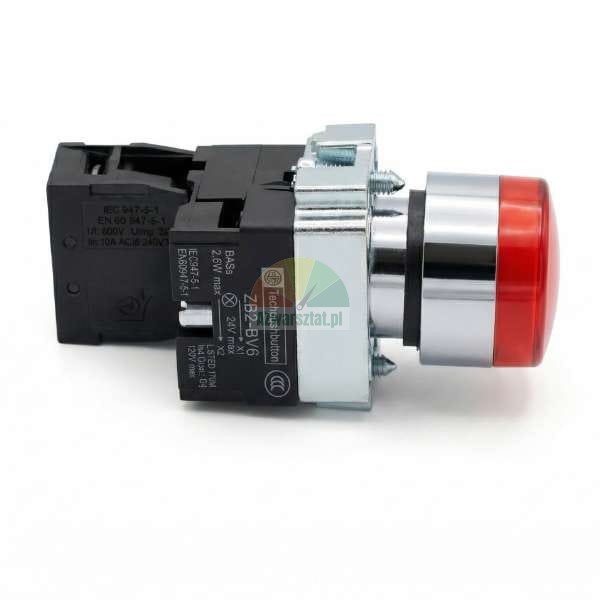 Red signal indicator ZB2-BV6 with chrome bezel and black mounting block.