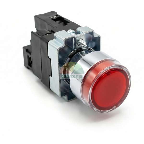 Red industrial push button switch with chrome bezel and mounting block.
