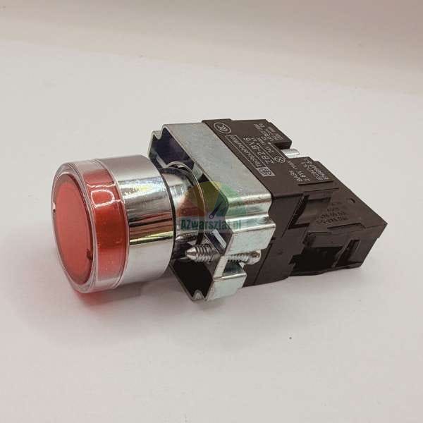 Red industrial push button switch with chrome collar and contact block assembly