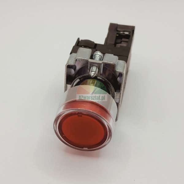 Red industrial push button switch with metal mounting ring and contact block on a light background.