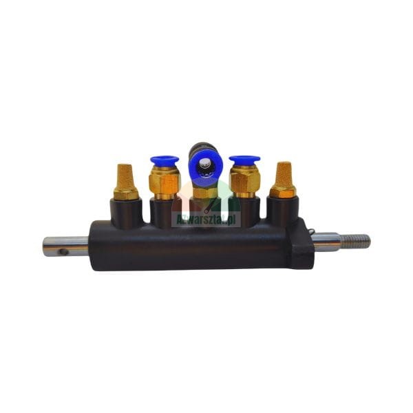 Pneumatic manifold with brass silencers and blue push-in fittings on a black body.