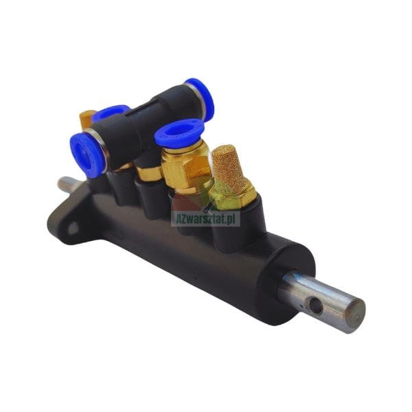 Pneumatic manifold with blue push-in fittings, a brass muffler and a metal shaft on a white background.