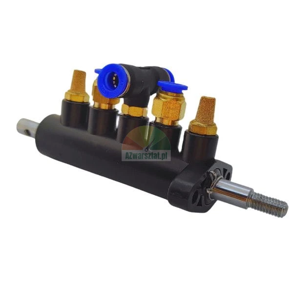 Pneumatic manifold with brass fittings and noise silencers on a black body