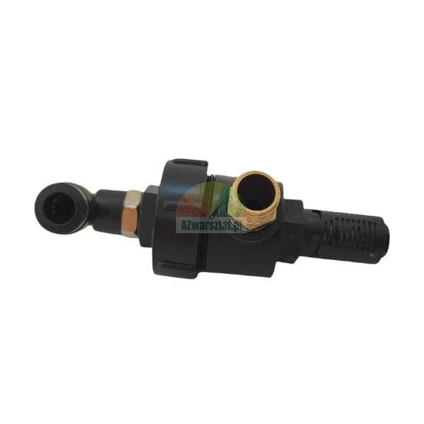 Black plastic agricultural sprayer component with a brass threaded connection and a swivel joint.
