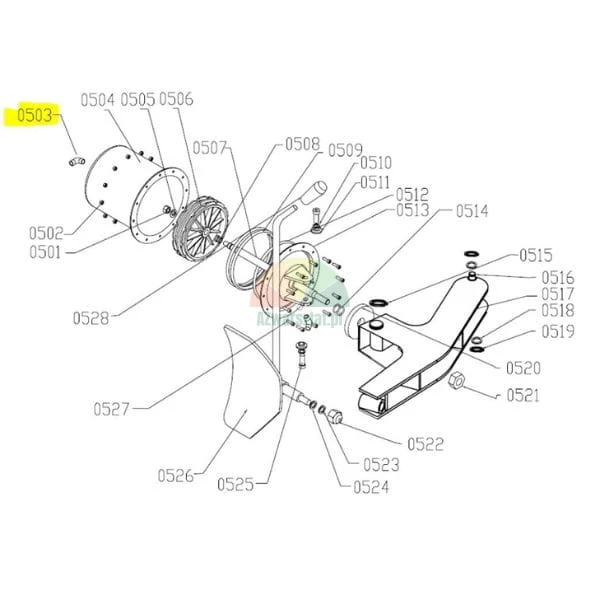 Exploded view diagram of machine parts with part number 0503 highlighted in yellow.