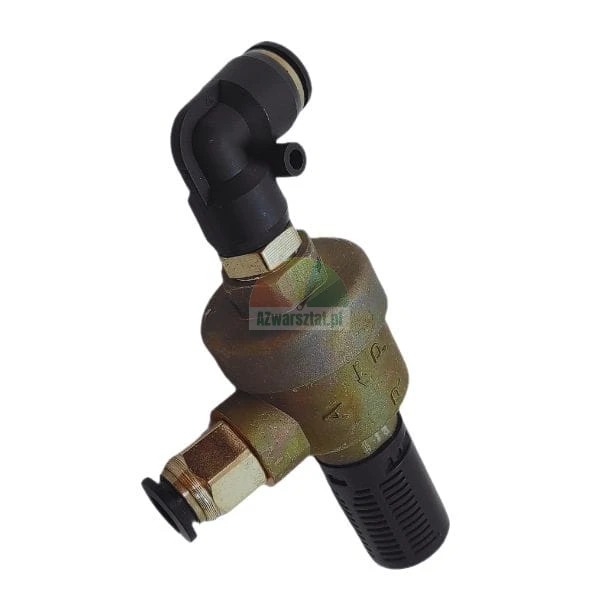 Pneumatic quick exhaust valve with silencer and fittings on a white background.