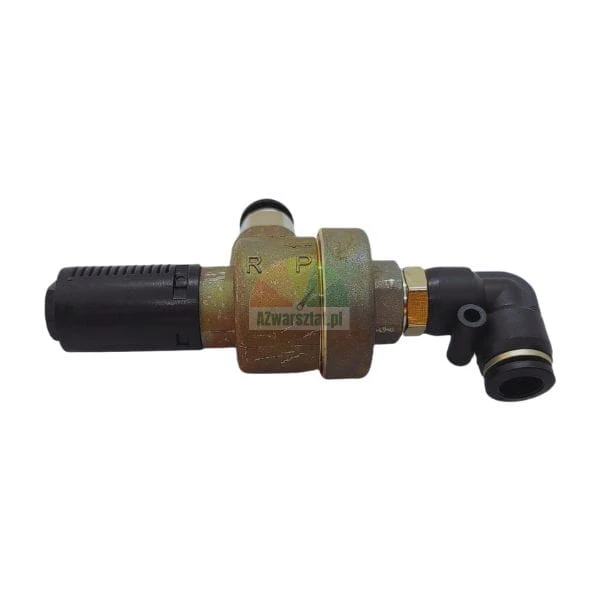 Metal pneumatic component with black fittings and letter markings R and P on the body.