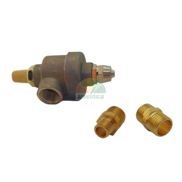 Metal pressure regulator with two brass fittings on a white background.