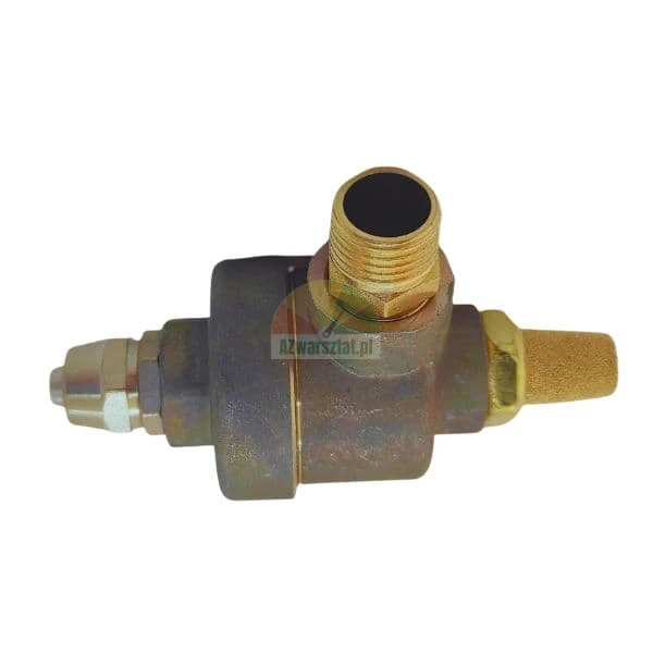 Industrial brass pneumatic valve assembly with a sintered bronze silencer on a white background.