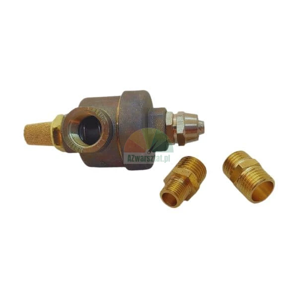 Industrial brass pneumatic valve with two threaded fittings on a white background.