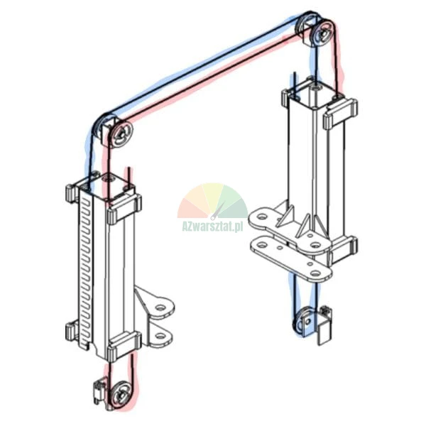 Isometric technical drawing of a cable pulley system for a two-post lift mechanism.