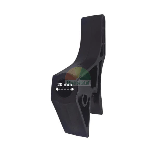 Black plastic component featuring a 20 mm diameter hole indicated by a white arrow.