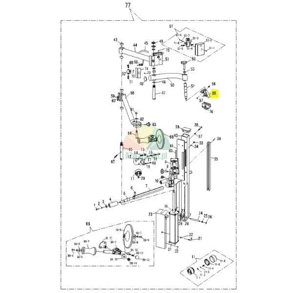Exploded view technical drawing of a machine with part number 55 highlighted in yellow.