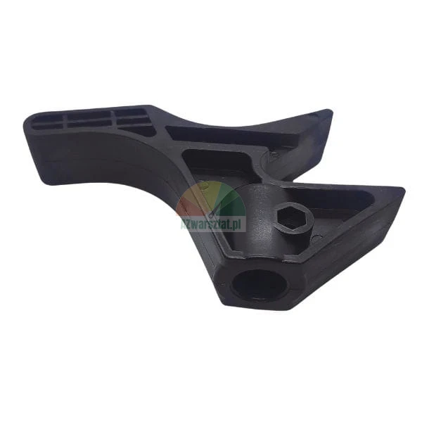 Black plastic mechanical part with mounting holes, likely a trigger or bracket component.