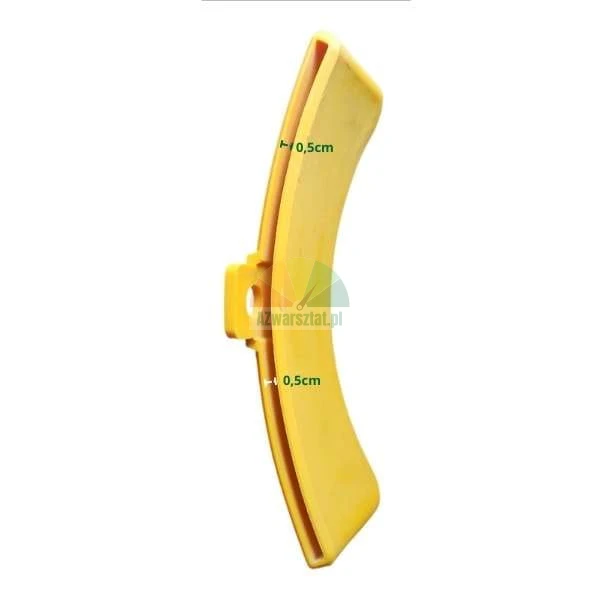Yellow curved plastic component with a visible 0,5 cm wide slot.