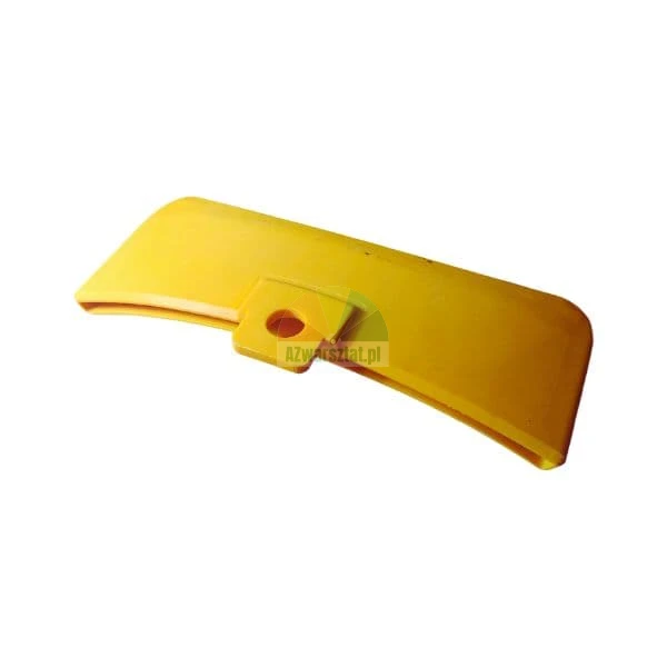 Yellow polyurethane scraper blade with a curved shape and mounting bracket.