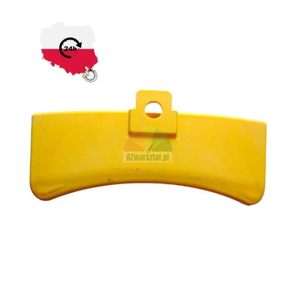 Yellow plastic component, scraper or guard with a curved shape and mounting hole.