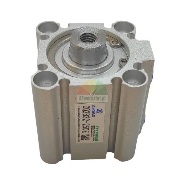 Compact pneumatic cylinder model CQ2B32-25DZ by AIRSLG with aluminum body and mounting holes on a white background.