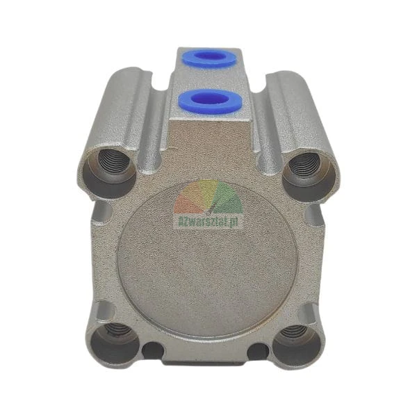 Pneumatic compact cylinder with two blue air ports and four mounting holes