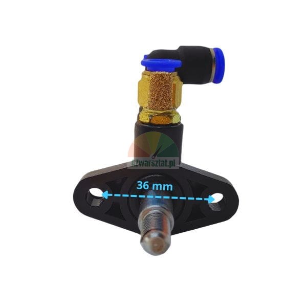 Mechanical part with a mounting bracket showing 36 mm hole spacing, brass fitting, and blue pneumatic push-fit connector.