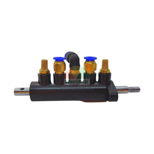 Pneumatic valve manifold with brass fittings, silencers, and blue push-in connectors on a white background.