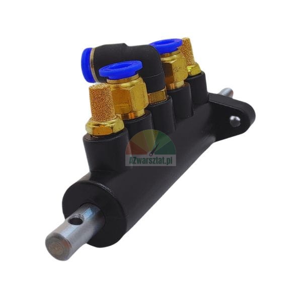 Black pneumatic manifold block with brass silencers and blue push-in fittings.
