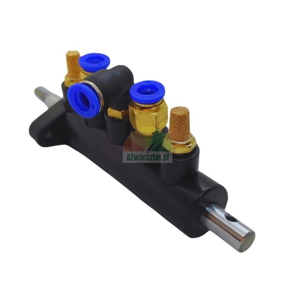 Black pneumatic manifold with blue push-to-connect fittings and brass sintered silencers.
