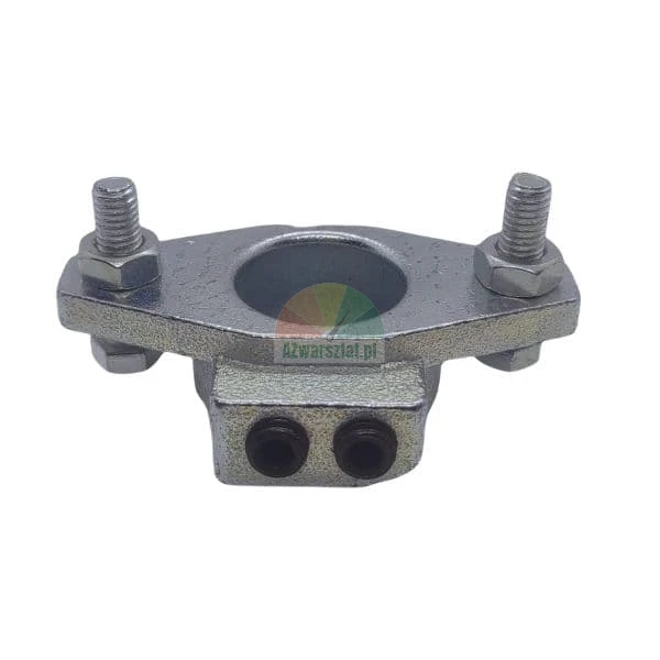 Industrial metal flange clamp with side bolts and set screws on a white background.