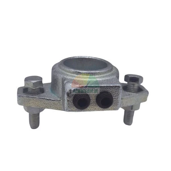 Metal clamping collar with two side bolts and set screws on a white background.