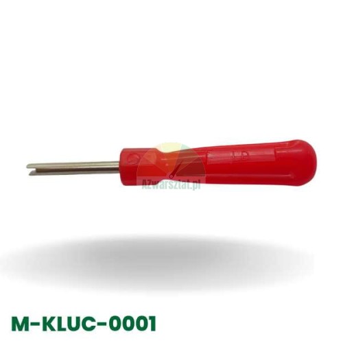 Valve core removal tool with a red handle, designed for tire valve maintenance.
