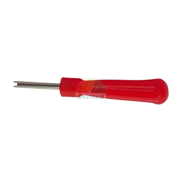 Valve core removal tool with a red handle on a white background.