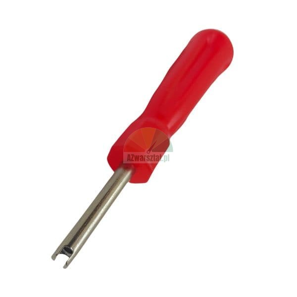 Valve core remover tool with a red handle on a white background.