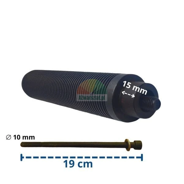 Black threaded cylinder with a 15 mm dimension indicated and a long bolt with 10 mm diameter and 19 cm length.