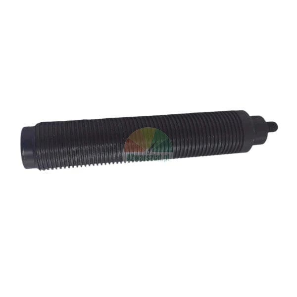 Black metal rod with dense threading along its entire length.