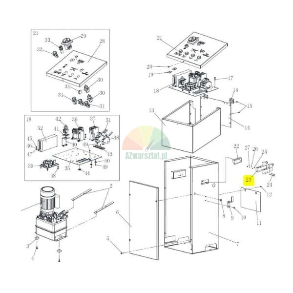 Exploded technical diagram of a control cabinet with component number 23 highlighted in yellow.