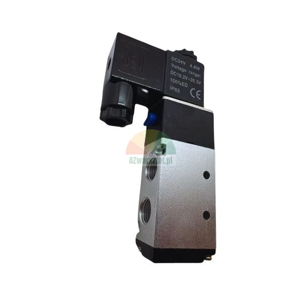 Pneumatic solenoid valve with a silver metal body and a black DC24V coil featuring IP65 protection.
