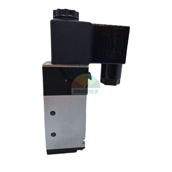 Solenoid valve with coil and electrical connector on white background