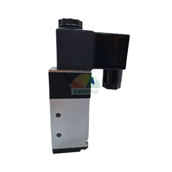 Pneumatic solenoid valve with coil and mPm connector, side view.