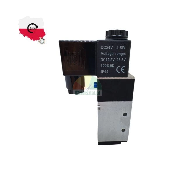 Pneumatic solenoid valve DC24V 4.8W IP65 with black coil and aluminum body.