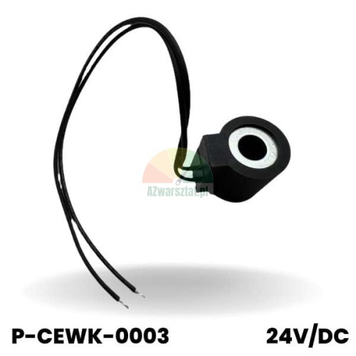 Black electromagnetic solenoid coil 24V DC with two wires, model P-CEWK-0003.