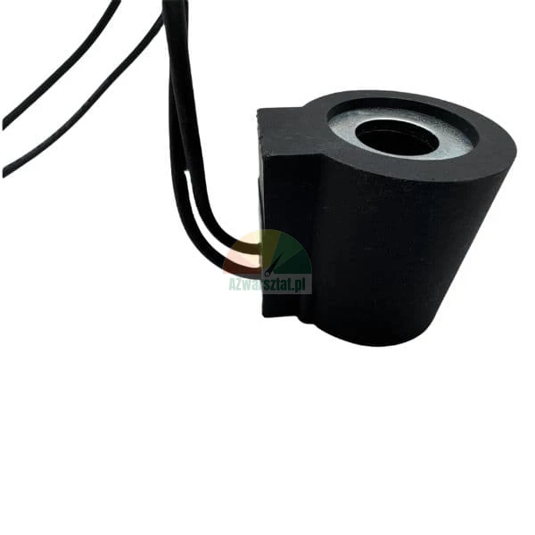 Black solenoid valve coil with two wires on a white background