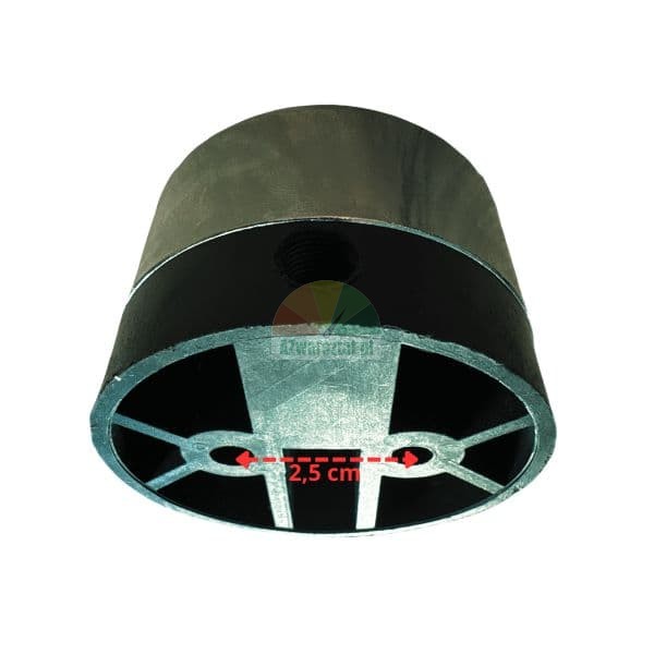 Metal-rubber foot with a 2.5 cm distance between mounting holes indicated.