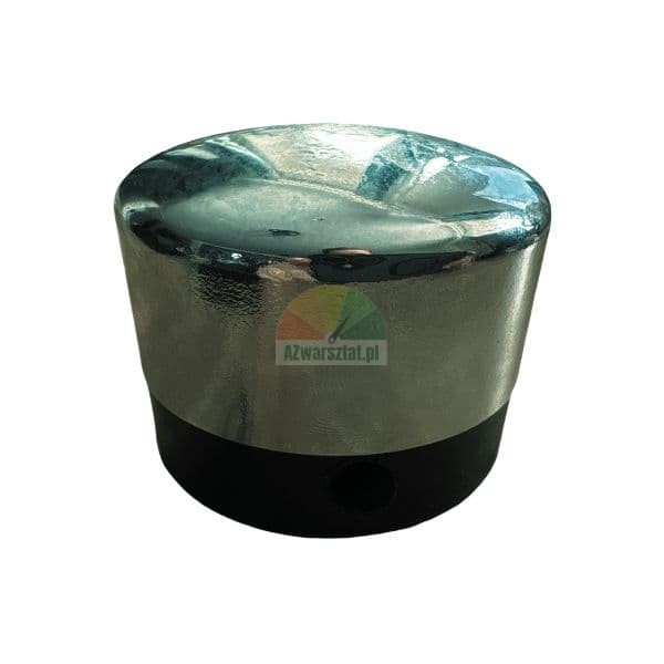 Silver chrome cylindrical doorstop with a black rubber base.