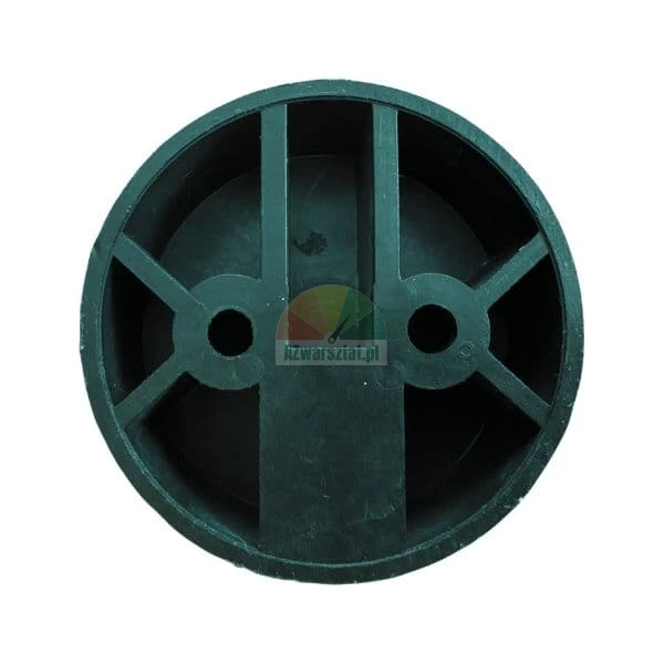 Circular black plastic furniture foot with two mounting holes, internal view.