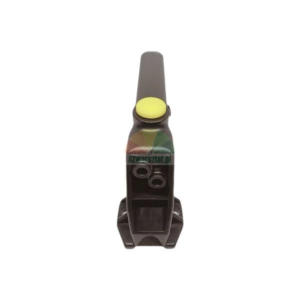 Bicycle pump head with a yellow lever, front view of the valve openings.