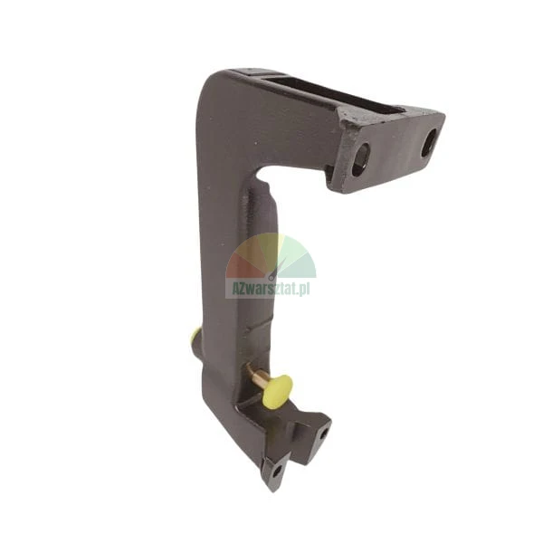 Heavy duty black metal mounting bracket with locking pin for agricultural machinery on white background.