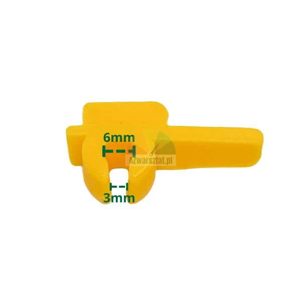 Yellow plastic measuring tool or spacer with 6mm and 3mm dimensions shown on a white background.