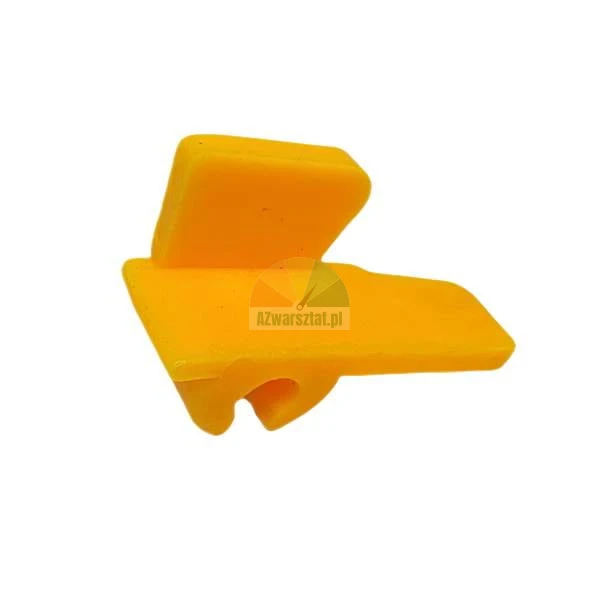 Yellow plastic mounting clip on a white background.