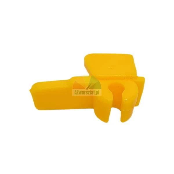 Yellow plastic mounting clip for tube structures on a white background.